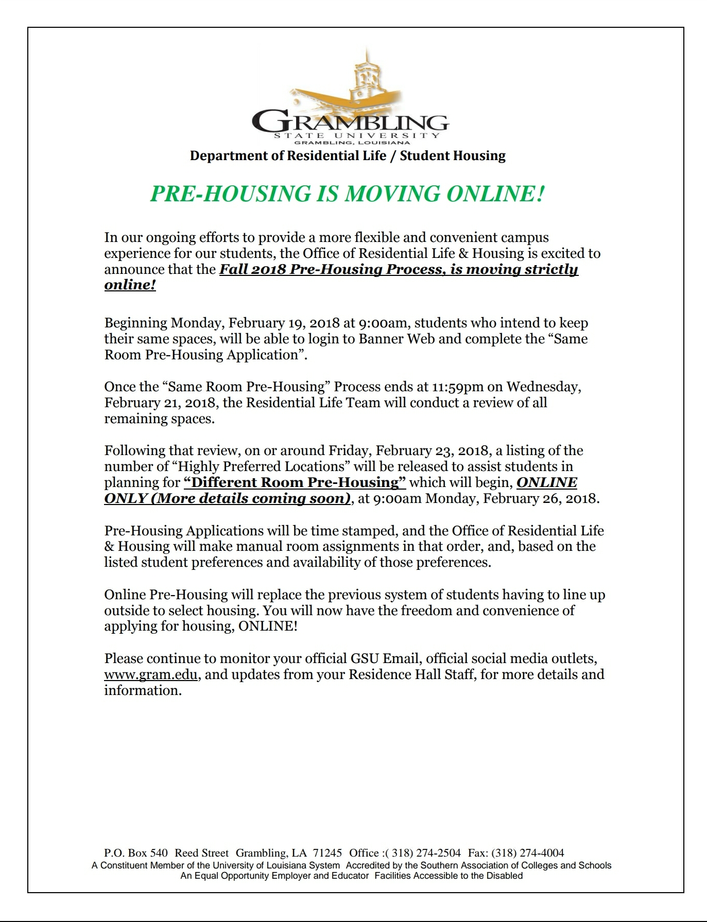 Grambling State University Residential Life PreHousing